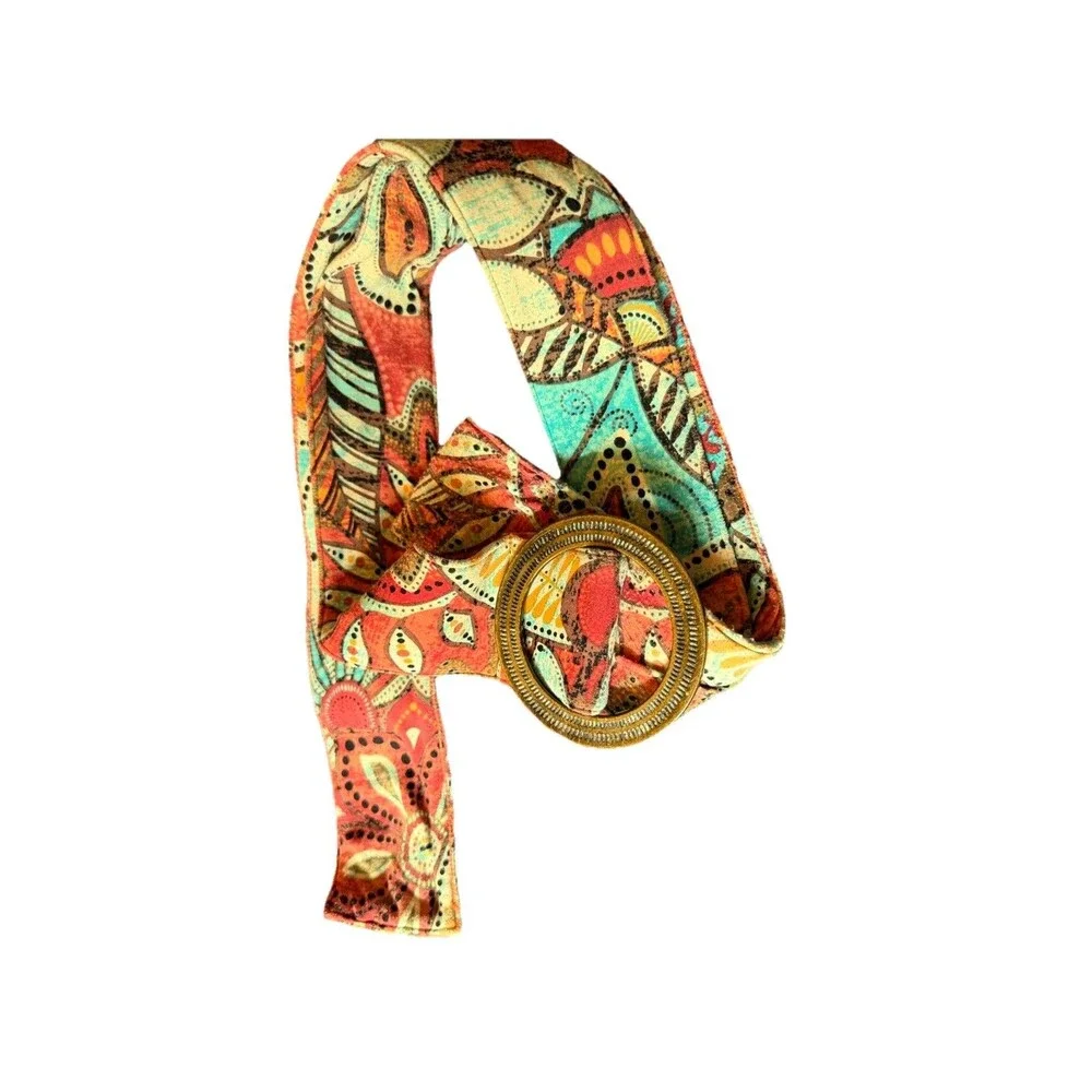 Multicolor Fabric Belt Metal Round Buckle Aqua Coral 50” X 2”